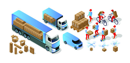 Free fast delivery,Innovation technology in transportation. Drone, giro board, bicycle delivery vector isometric illustration 3d