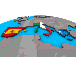 Southern Europe with embedded national flags on political 3D globe.