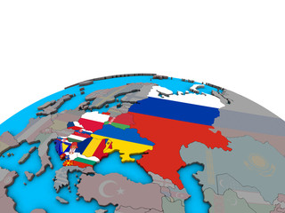 Eastern Europe with embedded national flags on political 3D globe. - obrazy, fototapety, plakaty