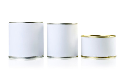 Tin cans closed isolated over white. Food packaging