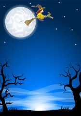Naklejka premium halloween night background with a flying witch and full moon