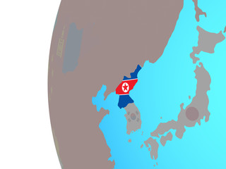 North Korea with embedded national flag on blue political globe.