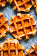 Belgian gluten free waffles background. Flat lay, top view