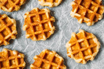 Belgian gluten free waffles background. Flat lay, top view