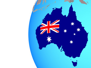 Obraz na płótnie Canvas Australia with embedded national flag on blue political globe.