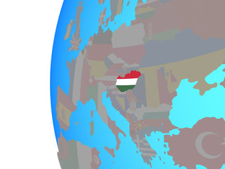 Hungary with embedded national flag on blue political globe.