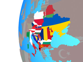 CEI countries with embedded national flags on blue political globe.