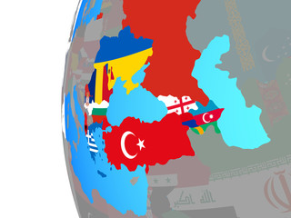 BSEC countries with embedded national flags on blue political globe.