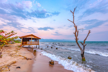 Burundi Bujumbura lake Tanganyika, windy cloudy sky and sand beach at sea lake in East Africa, Burundi sunset with house from wood and dead tree in the sea