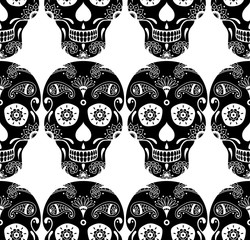 Vector seamless pattern of black sugar skull with doodle floral pattern on white background. Illustration for Mexican Day of the Dead