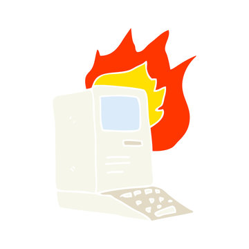 flat color illustration of a cartoon old computer on fire