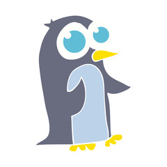 flat color illustration of a cartoon penguin with big eyes