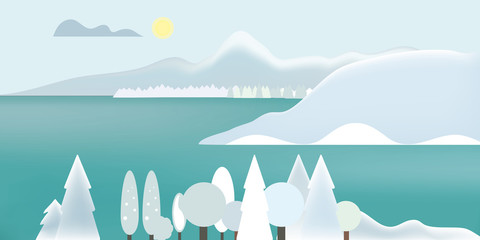 Flat design illustration of winter mountain landscape with lake, snow on top of mountains and snowy trees, under gray sky with clouds and sun