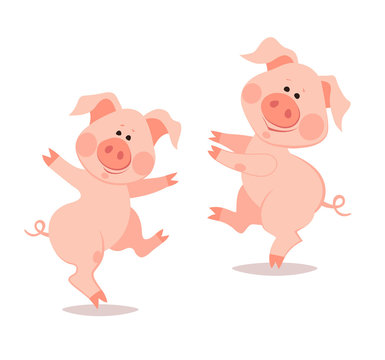 Cartoon little dancing piglets.The year of the pig. Chinese New 