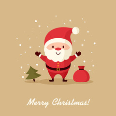 Santa Claus with bag of gifts and Christmas tree