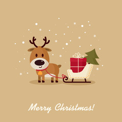 Deer Santa with sleigh, gift and Christmas tree