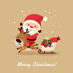 Santa Claus jumps on deer and sledge, sack gift