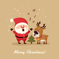 Fototapeta na wymiar Santa Claus with deer singing near Christmas tree