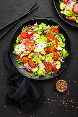 Healthy vegetarian bowl dish with fresh flaxseed sprouts. Plate with raw linseed sprouts salad. Healthy balanced eating. Superfood