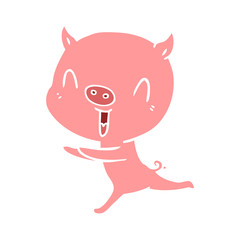 happy flat color style cartoon pig running