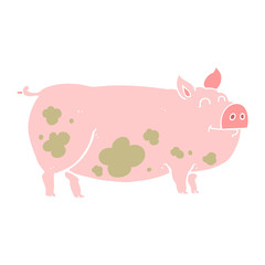 flat color illustration of a cartoon muddy pig