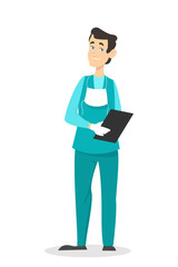 Doctor in uniform standing and holding clipboard