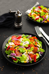 Healthy vegetarian bowl dish with fresh flaxseed sprouts. Plate with raw linseed sprouts salad. Healthy balanced eating. Superfood