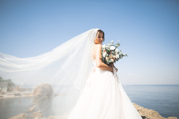Lovely bride in white wedding dress posing near the sea with beautiful background