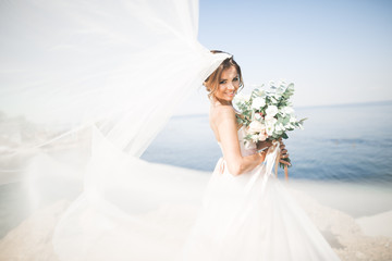 Lovely bride in white wedding dress posing near the sea with beautiful background - Powered by Adobe