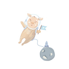 Piggy character Cute astronaut in Space with moon. Sweet clip art on white background