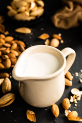 Obraz na płótnie Canvas Homemade almond milk in jug. Almond milk and almonds