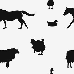 Seamless farm animals pattern black silhouette on white, vector eps 10