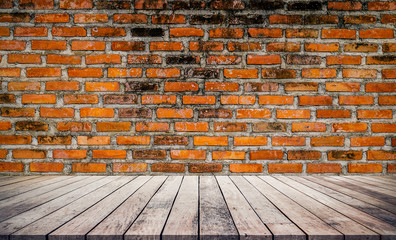 Old wood plank with abstract old brick wall background for product display 