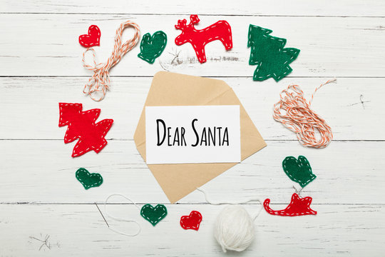 Dear Santa christmas card, children letter. Celebration background.