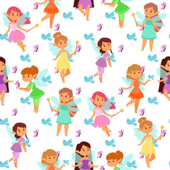 Fairies princess fairy girl vector character cute beautiful style cartoon little fairyland fashion costume magic fantasy dress fairytale crown kid seamless pattern background.