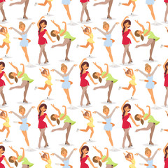 Figure ice skater women vector beauty sport girls doing exercise and tricks jump characters dancer people performance seamless pattern background illustration. © Vectorvstocker