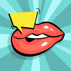 Mouth with sexy red lips and speech bubble