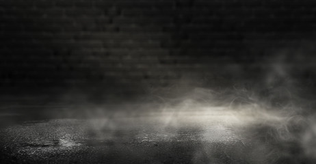 Background of an empty dark room. Empty walls, lights, smoke, glow, rays