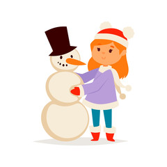 Christmas kid girl vector character playing winter games winter children holidays christmas snowman cartoon new year xmas kid