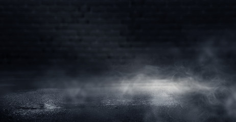 Background of an empty dark room. Empty walls, lights, smoke, glow, rays