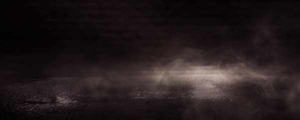 Background of an empty dark room. Empty walls, lights, smoke, glow, rays