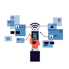 Hand holding mobile phone with connections