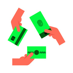 Three hands holding payment methods