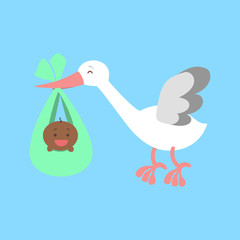 White stork flying with a newborn baby