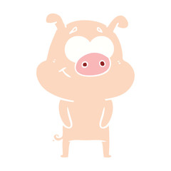 happy flat color style cartoon pig
