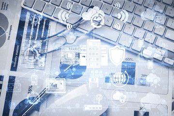 Concept of business still life with stuff on table and media interface screen