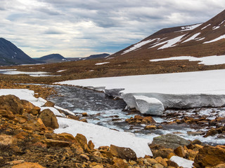 Beautiful mountain landscape, panorama. Snowy peak. Mountain river. Polar urals mountains. Yamal