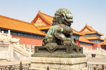 Lion at the entrance to the Imperial Palace. Beijing. China.