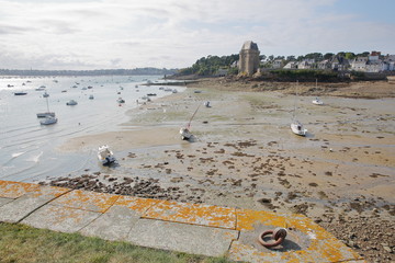 General view of the beach Solidor at Saint Servan at low tide with the Solidor Tower in the...