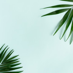 Border frame made of green leaves on a mint background